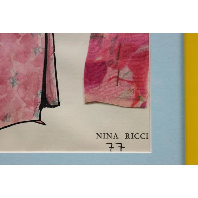 Fabulous original Nina Ricci watercolor c1960s illustration with a fabric swatch attached Provenance: a Beverly Hills, Ca...