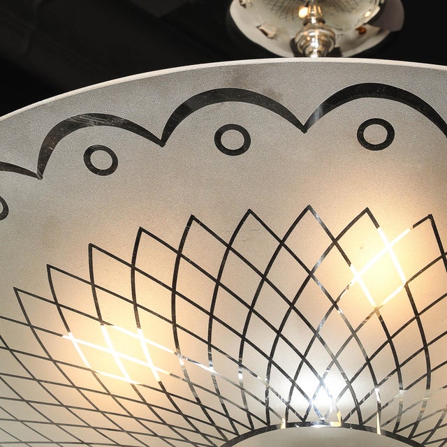 1950s Mid-Century Frosted Glass Chandelier With Geometric Motif & Chrome Fittings For Sale - Image 5 of 12