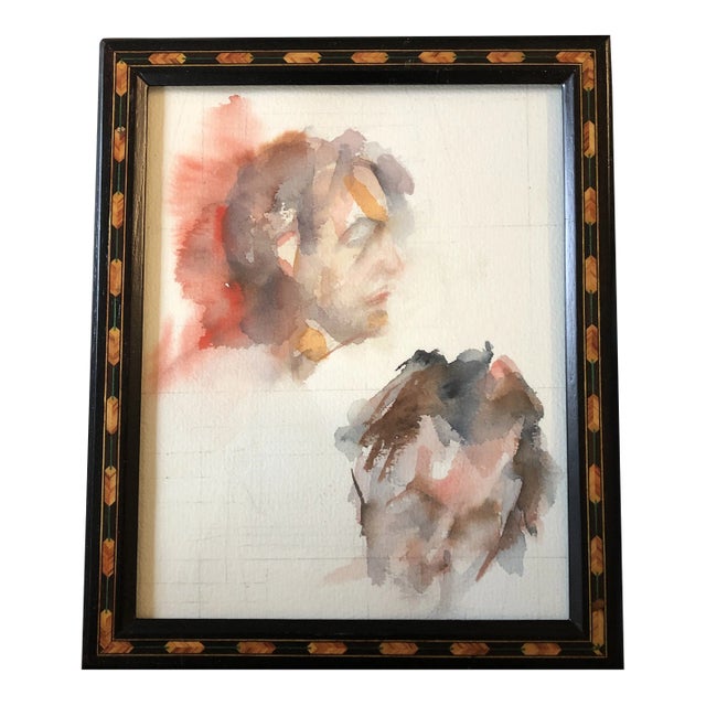 1970’s Double Male Portrait Watercolor Painting/Drawing Inlaid Wood Frame For Sale