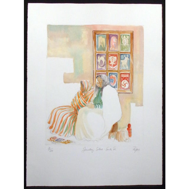 Paper William Papas "Jewelry Sellers, Santa Fe" Signed Numbered Hand Colored Etching For Sale - Image 7 of 7
