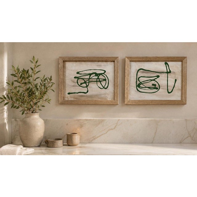 Organic Modern Textured Green Abstract Paintings in Natural Wood Frames – 8” X 10” - Unsigned Unknown Artist For Sale - Image 9 of 11