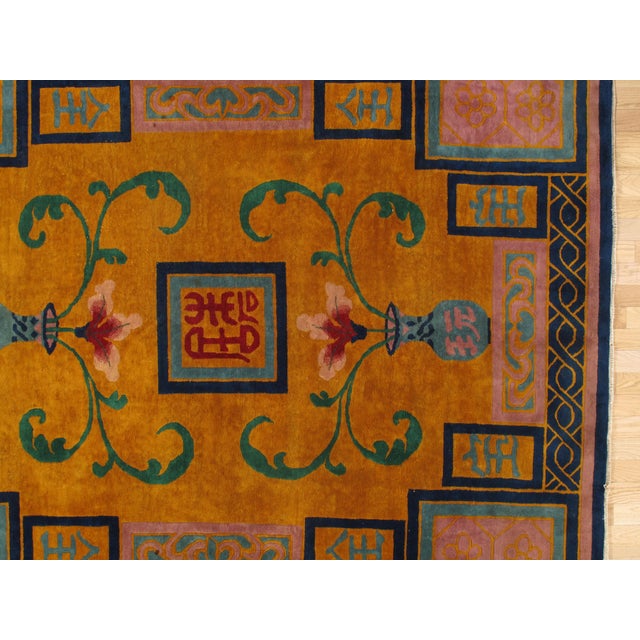 Gold Antique Chinese Nichols Carpet, Gold, Blue, Green, Navy Carpet Handmade Wool Rug For Sale - Image 8 of 8