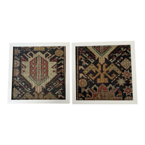 Pair of Antique Caucasian Rug Fragments – Framed Museum-Style Textile Art