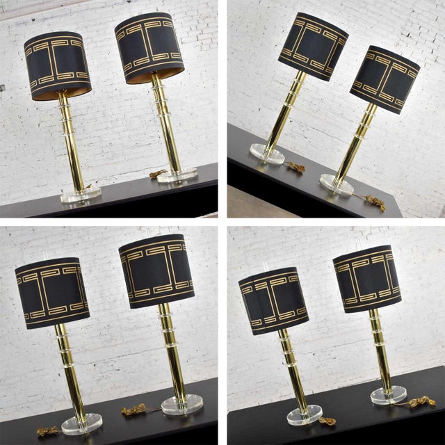 1970s Modern Hollywood Regency Lamps Lucite & Brass Plate Black With Shades Style Karl Springer - A Pair For Sale - Image 14 of 16