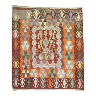 Mid-20th Century Square Geometric Turkish Kilim - 6'8" x 7' For Sale