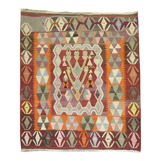 Mid-20th Century Square Geometric Turkish Kilim - 6'8" x 7' For Sale