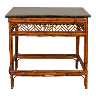 Bamboo Qing Dynasty Center Table with Geometric Apron and Black Lacquered Top For Sale