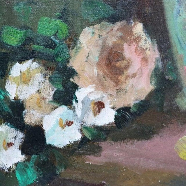 1960s Vintage Oil on Canvas Floral Still Life Painting of Garden Roses C1960 For Sale - Image 5 of 14