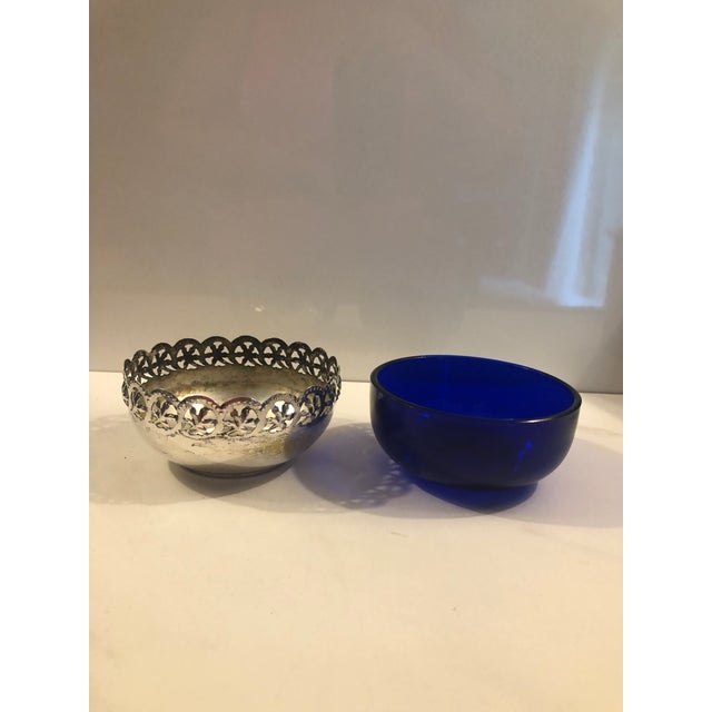 1940s 1940s English Silver Serving Bowl With Cobalt Glass Insert For Sale - Image 5 of 8