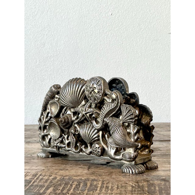 Silver Vintage Coastal Cast Metal Undersea Napkin Holder For Sale - Image 8 of 12