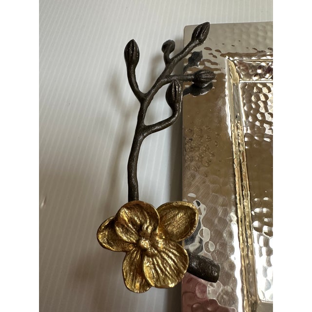 Michael Aram Sign Gold Plated Orchid Flowers Hammered Silver Tone Shine Serving Tray 17"x 7" For Sale - Image 14 of 18