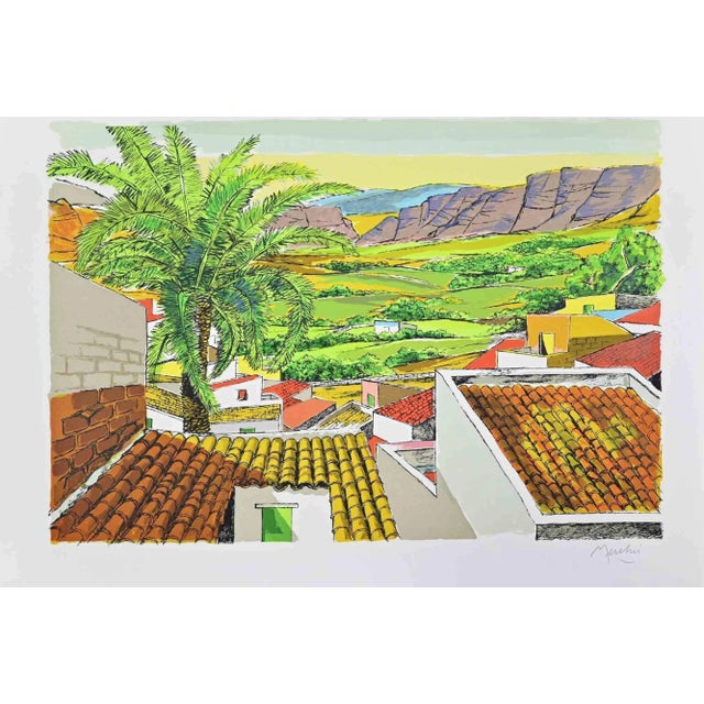 Modern Renzo Meschis, Landscape in Sicily, Lithograph, 1989 For Sale - Image 3 of 3