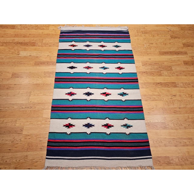 Teal Vintage American Southwestern Kilim, Handwoven Wool, Stripe Pattern, Ivory & Green, 4x8 For Sale - Image 8 of 16