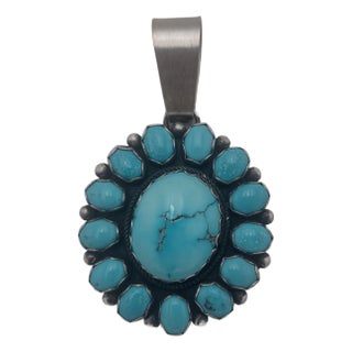 Kingman Turquoise 14-Stone Floral Cluster Pendant by Bea Tom Authentic Native American Handmade For Sale
