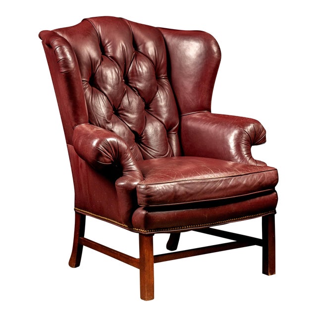 1980s Tufted Red Leather Wingback Chair For Sale