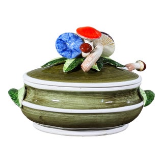 Vintage Italian Ceramic Mushroom Soup Tureen With Ladle and Lid For Sale