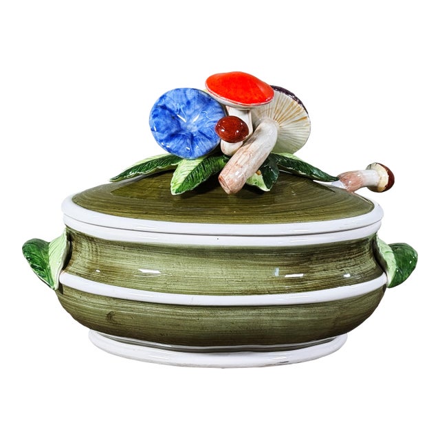 Vintage Italian Ceramic Mushroom Soup Tureen With Ladle and Lid For Sale