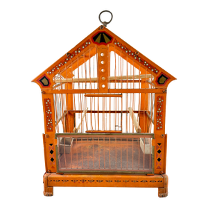 Art Deco Orange Japanned Metal Bird Cage, Hand-Painted, Circa 1900-1920