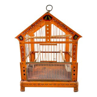 Orange Japanned Metal Bird Cage, Hand-Painted, Circa 1900-1920 For Sale