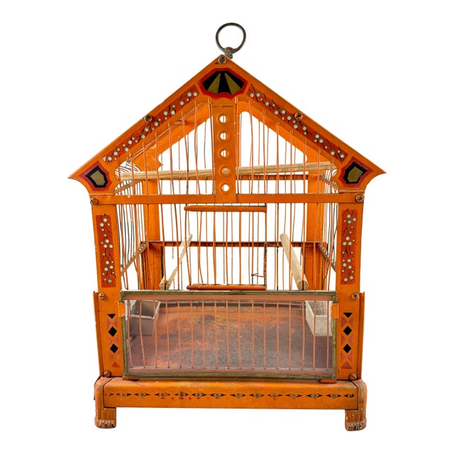 Orange Japanned Metal Bird Cage, Hand-Painted, Circa 1900-1920 For Sale