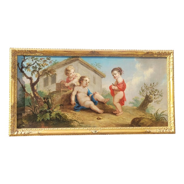 Putti Playing with Birds, Early 19th Century, Oil on Canvas, Framed For Sale