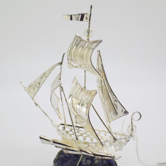 Metal Vintage Italian Handmade Genuine Silver and Stone Sailing Ship Decorative Figure Sculpture For Sale - Image 7 of 11