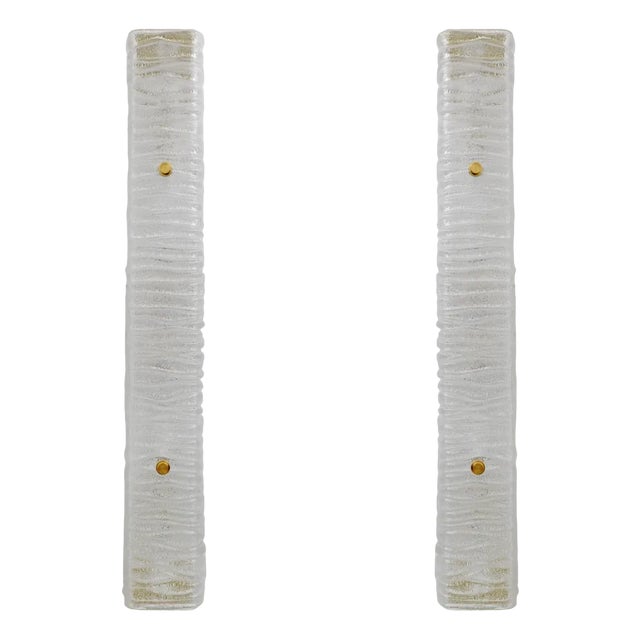 Art Deco Brass and Textured Murano Glass Sconces, Set of 2 For Sale