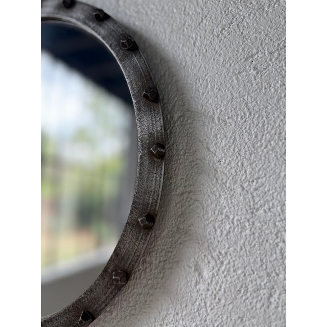 Round Brutalist Wrought Iron Mirror with Nails, 1960s For Sale - Image 10 of 18