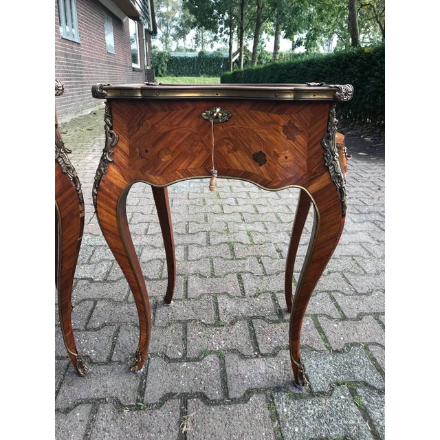 1850s French Louis XV Fruitwood Marquetry Side Tables Pair For Sale - Image 12 of 18