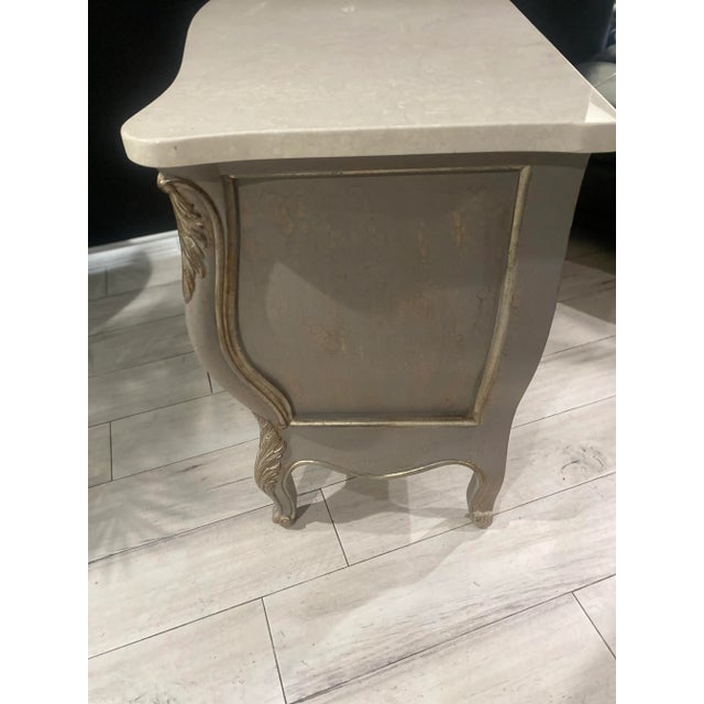 French Italian Hand-Carved Louis XV Style Shaped Chest With White Italian Marble Top Sign. For Sale - Image 3 of 10