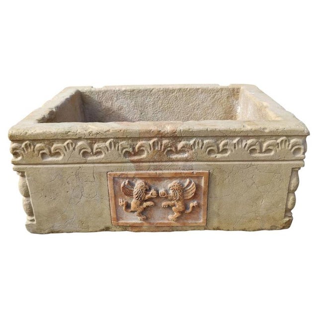 Carved Botticino Marble Sink with Central Red Verona Marble Inlay For Sale - Image 9 of 9