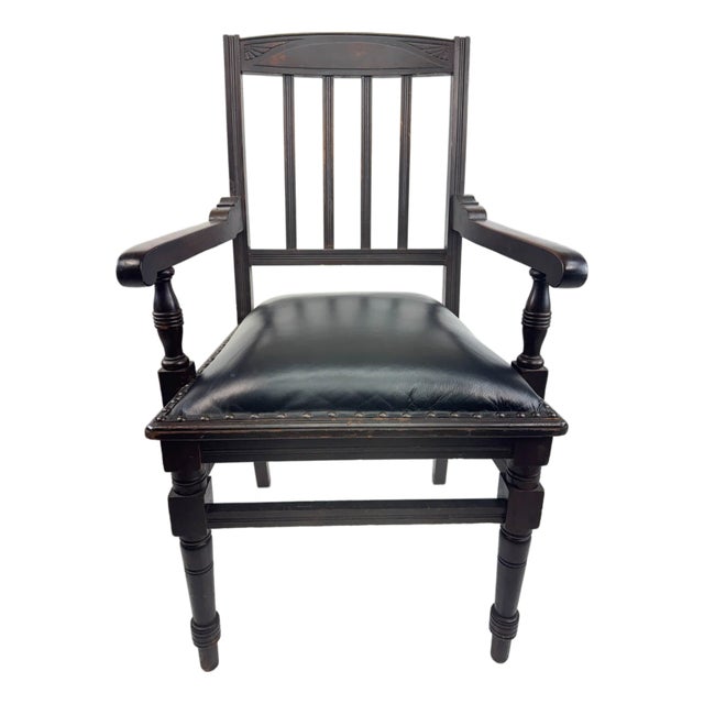 Vintage Black Leather and Wood Library Chair With Nailhead Trim For Sale