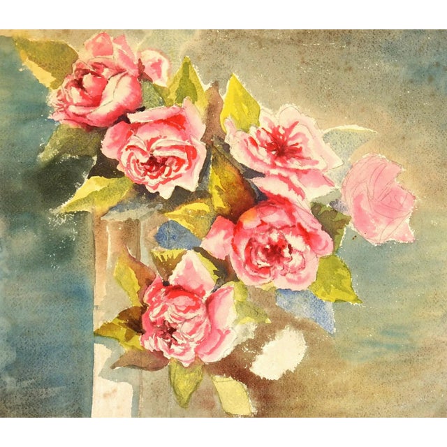 1950 Vintage Rose Arrangement Watercolor Painting For Sale
