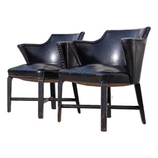 Pair of Vintage Black Vinyl Barrel Back Club Armchairs With Nailhead Trim For Sale