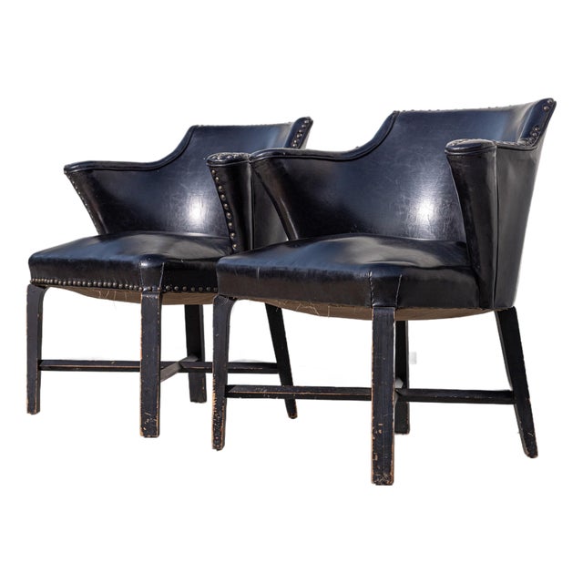 Pair of Vintage Black Vinyl Barrel Back Club Armchairs With Nailhead Trim For Sale