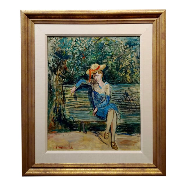 Constantin Terechkovitch -Lonely Woman Sitting at a Garden Bench -Russian Impressionist Oil Painting For Sale