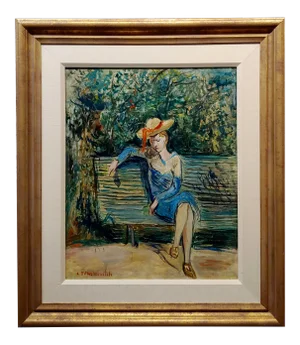 Constantin Terechkovitch -Lonely Woman Sitting at a Garden Bench -Russian Impressionist Oil Painting