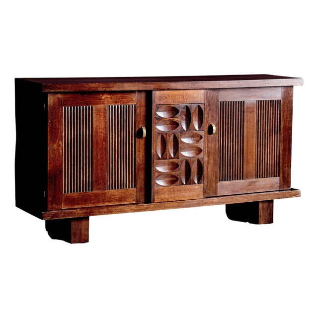 Brutalist Credenza in Oak & Brass from Charles Dudouyt, France, 1940s For Sale