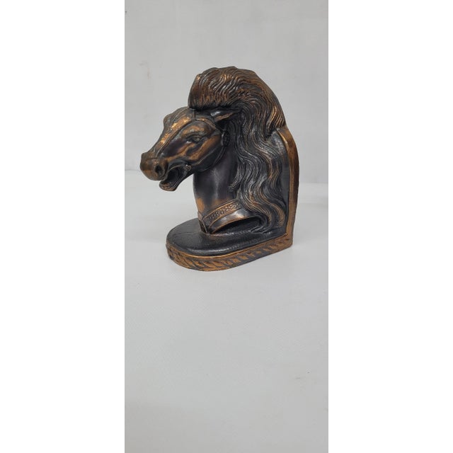 Bronze 1940s Art Deco Bronze Plated Horse Bookends Vintage Trojan Horse Head Bust - Set of 2 For Sale - Image 8 of 10