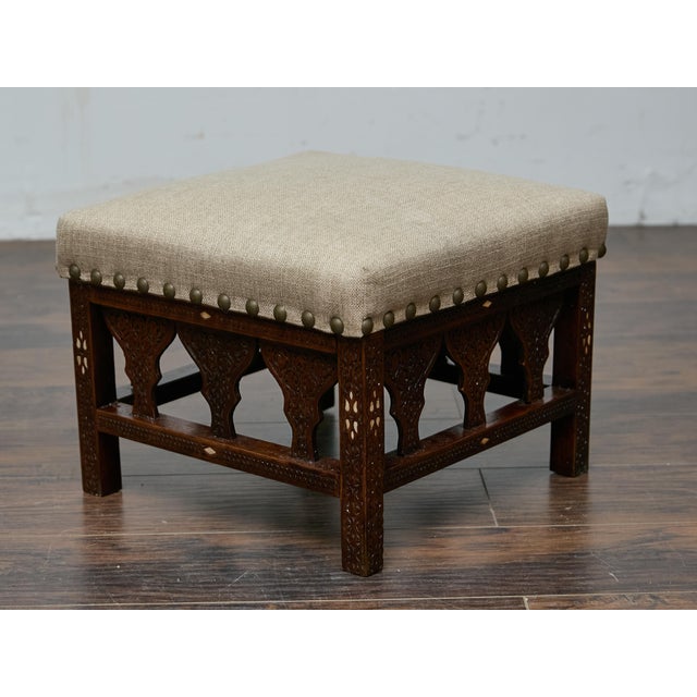 Antique Moroccan Hand-Carved Stool with Custom Linen Upholstery, Circa 1900 For Sale - Image 10 of 12