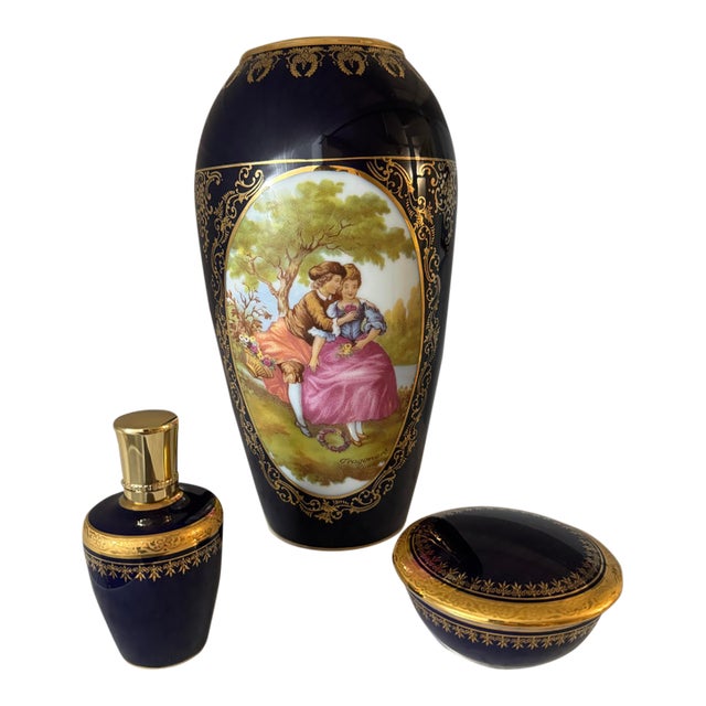 French Limoges Mid 20th Century Cobalt Blue Porcelain Vanity Set - 3 Pieces For Sale