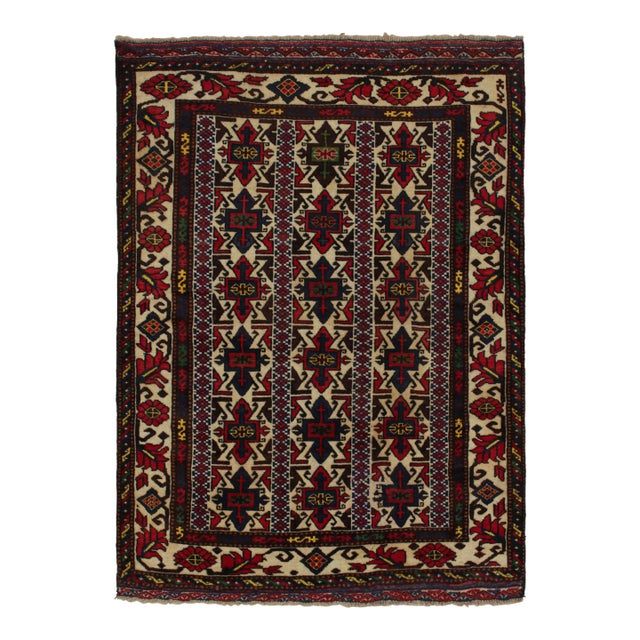 Rug & Kilim’s Afghani Baluch Rug in Beige With Red and Blue Geometric Patterns For Sale