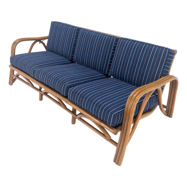1970s Striped Blue Upholstery Bamboo Frame Mid Century Modern Sofa MINT! For Sale