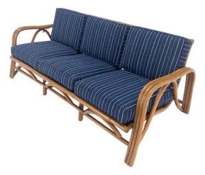 1970s Striped Blue Upholstery Bamboo Frame Mid Century Modern Sofa MINT!
