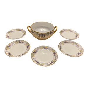 Circa 1900 Hand-Painted Dessert Plates With Matching Serving Bowl with Art Nouveau Grape Vine Design, Germany- 6 Pieces