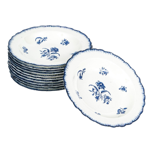 Antique Early 20th C. English Blue & White Cauldon Porcelain Soup Bowls in the Gillyflower Pattern for W. H. Plummer, New York - Set of 12