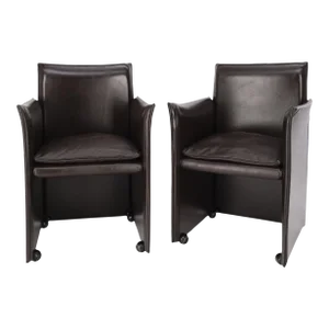 Pair of Dark Brown Plum Leather Break Side Chairs Mario Bellini for Cassina