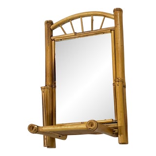Mid-Century Coastal Boho Chic Bamboo Wall Mirror With Shelf. For Sale