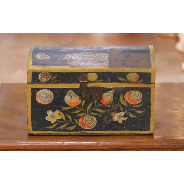 French 18th Century French Normandy Carved & Painted "Coffre De Mariage" Wedding Trunk For Sale - Image 3 of 12