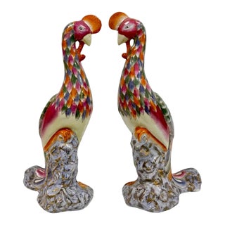 Pair of Vintage Chinese Porcelain Phoenix Bird Sculptures For Sale